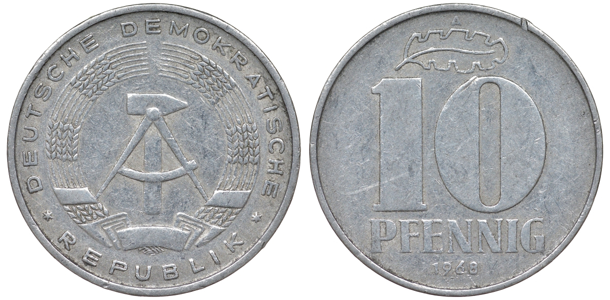 ГДР 10 пфеннигов 1968 A KM 10 алюминий 62-757