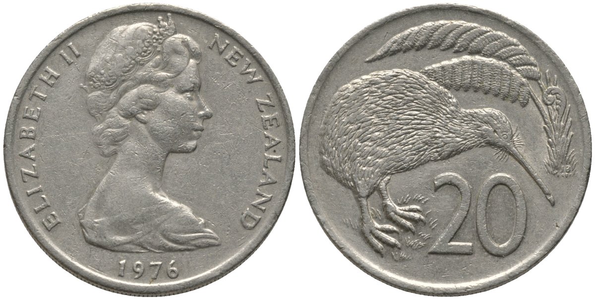 Новая Зеландия 20 центов 1976 Елизавета II (1952-2022), птичка киви KM 36.1 медно-никель 81-616