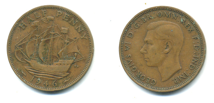 Великобритания 1/2 пенни 1946 Георг VI (1936-1952) KM 844, Spink 4115 бронза 4383-1027