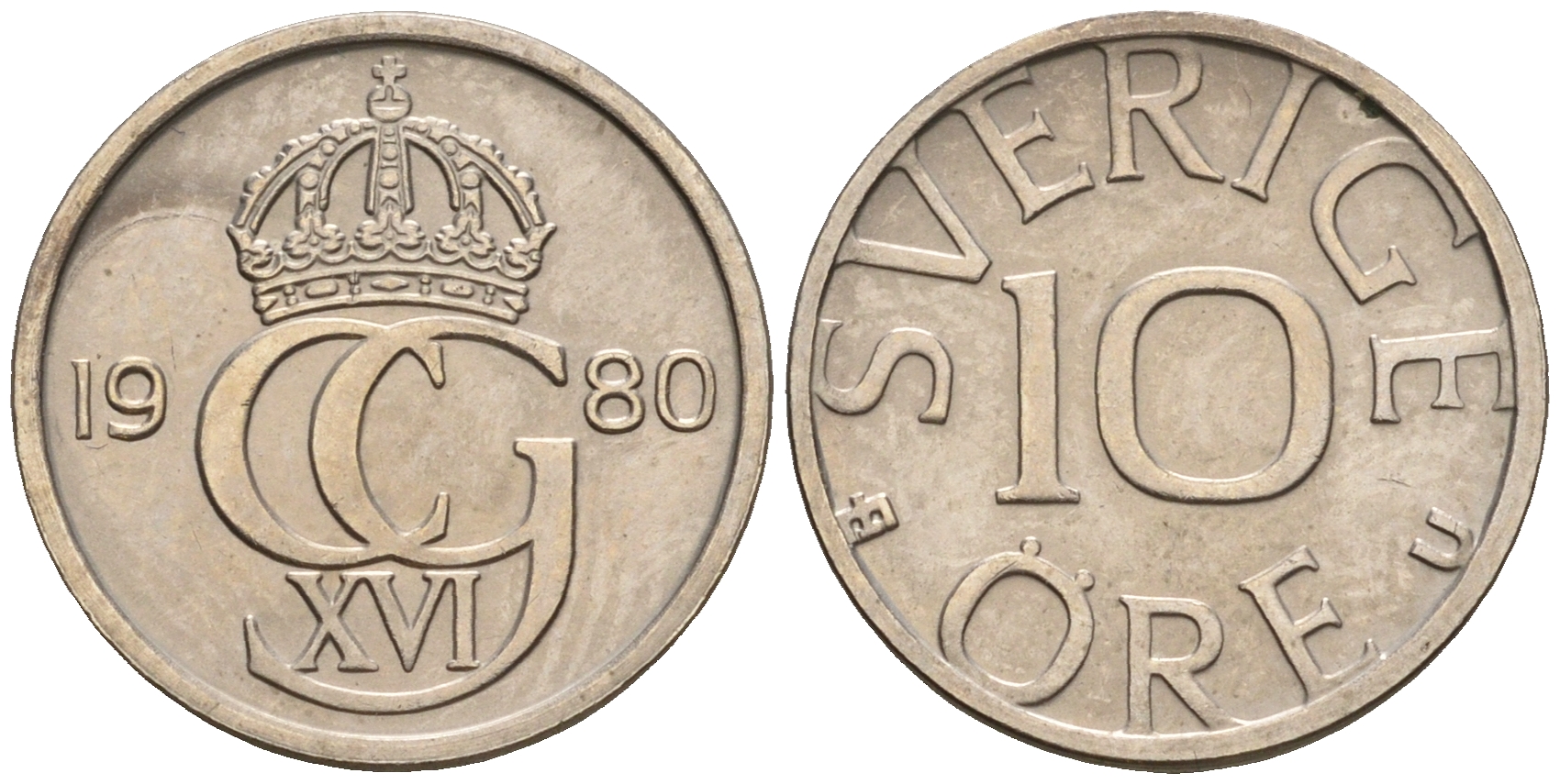 Швеция 10 эре 1980 Карл XVI Густав (1973- ) KM 850 медно-никель UNC 4608-415