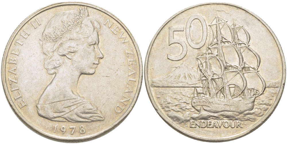 Новая Зеландия 50 центов 1978 Елизавета II (1952-2022), парусник Индевор KM 37.1 медно-никель 215-425