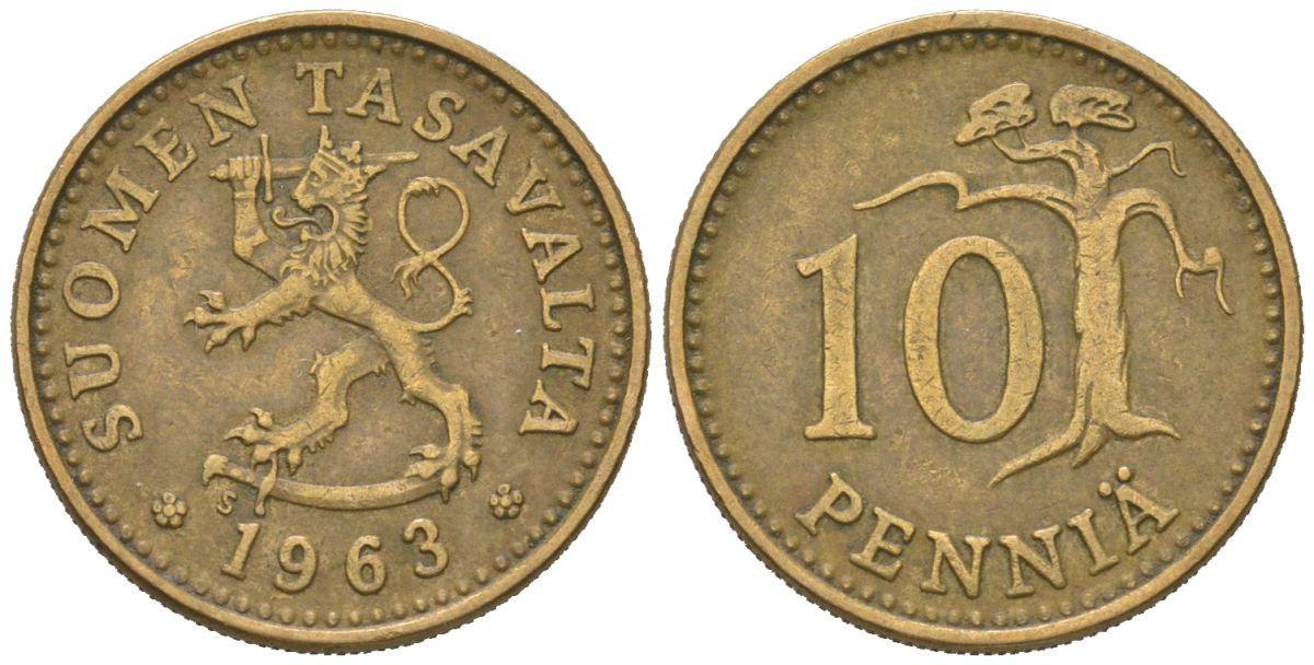 Финляндия 10 пенни 1963 S KM 46 алюминиевая бронза 218-1064