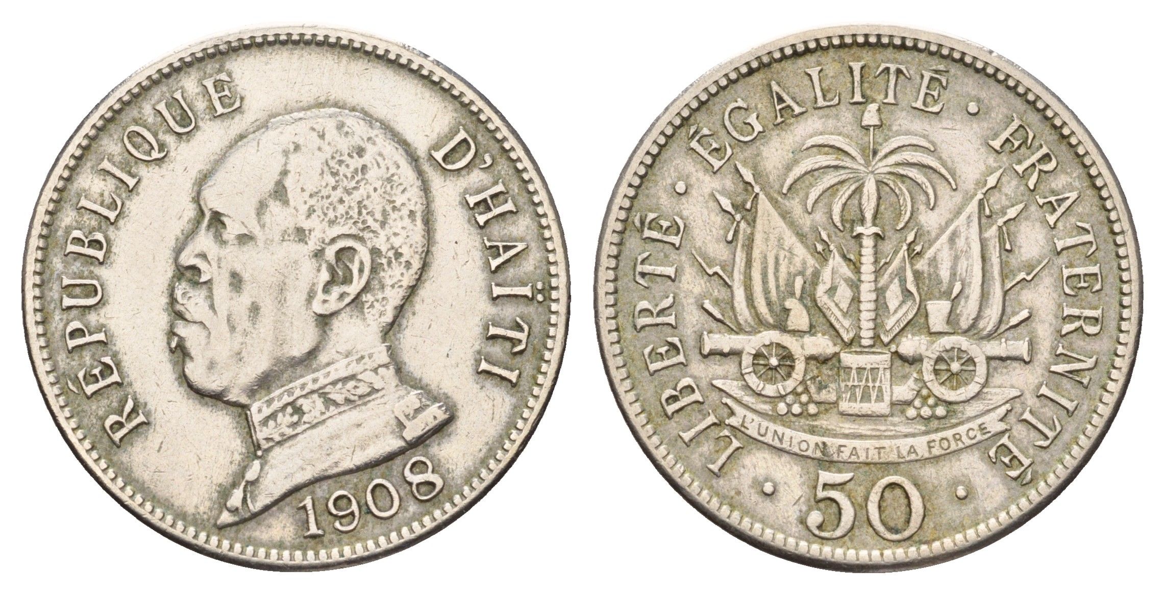 Гаити 50 сантимов 1908 Президент Пьер Нор Алексис KM 56 медно-никель 413-5123