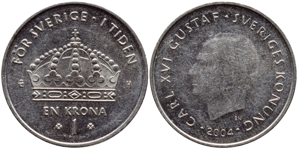 Швеция 1 крона 2004 Карл XVI Густав (1973- ) KM 894 медно-никель 177-632