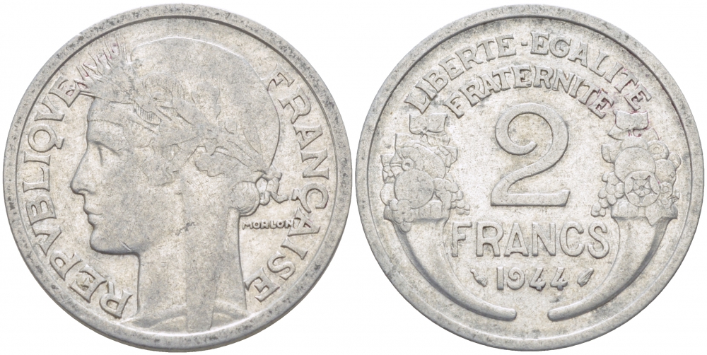 ФРАНЦИЯ 2 ФРАНКА 1944 KM 886а.1 алюминий 4402-943
