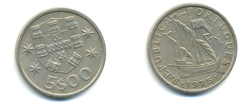 ПОРТУГАЛИЯ 5 ЭСКУДО 1975 ПАРУСНИК KM 591 медно-никель 176-231