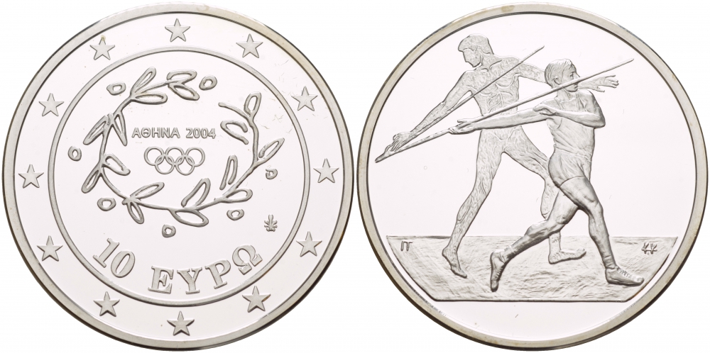 Греция 10 евро 2003 XXVIII летние Олимпийские игры 2004 года в Афинах, метание копья KM 193 серебро PROOF 1088-4-54