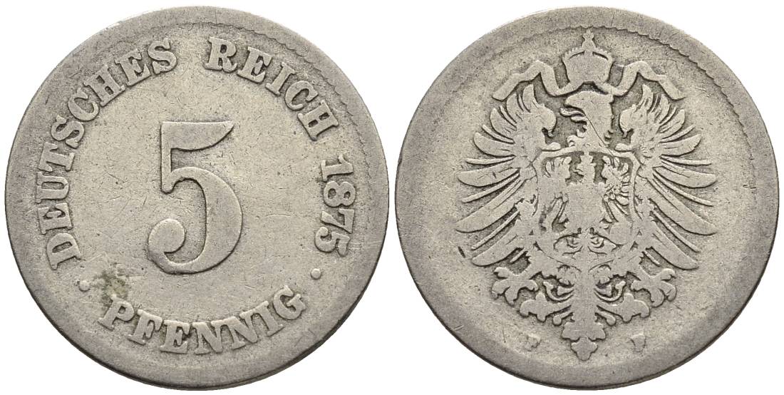 ГЕРМАНИЯ 5 ПФЕННИГОВ 1875 F, СТАРОГЕРБОВКА KM 3, Jager 3, Weege 5 медно-никель 4546-1035