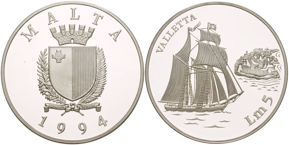 МАЛЬТА 5 ЛИР 1994 ПАРУСНИК "VALLETTA" И КРЕПОСТЬ, ПРОБА 925, ВЕС 31,47 ГР., ТИРАЖ 20000 ЭКЗ., ЦЕНА ПО КРАУЗЕ 150$ KM 108 серебро PROOF 1081-6-43