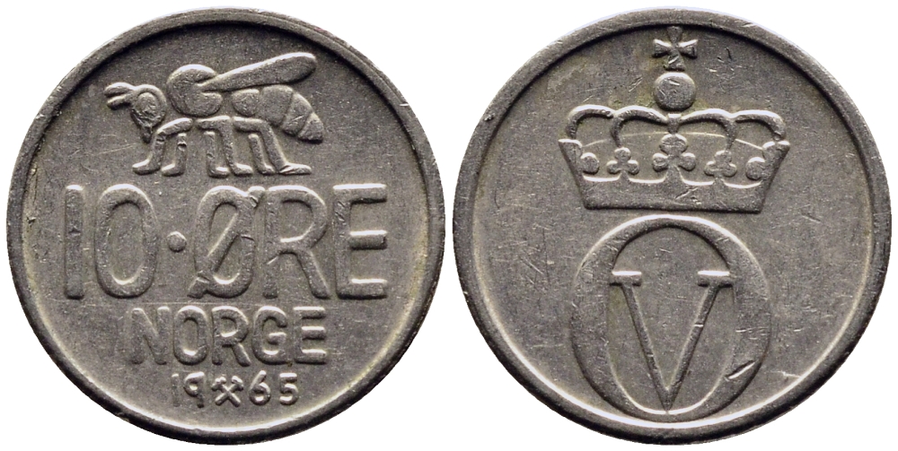 НОРВЕГИЯ 10 ЭРЕ 1965 ПЧЕЛА KM 411 медно-никель 4387-821