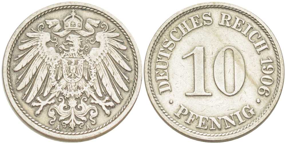 ГЕРМАНИЯ 10 ПФЕННИГОВ 1906 A KM 12, J. 13, Weege 8 медно-никель 212-831