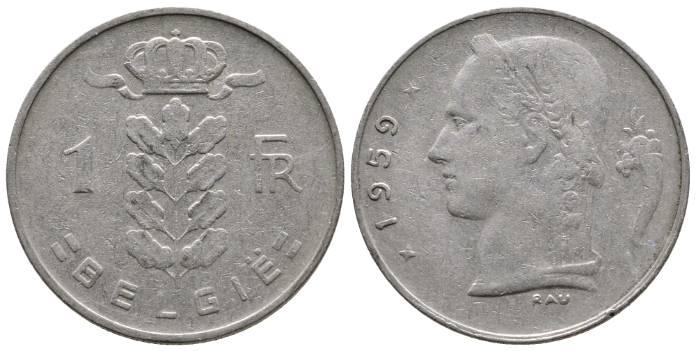 БЕЛЬГИЯ 1 ФРАНК 1959 BELGIE KM 143.1 медно-никель 4382-1227