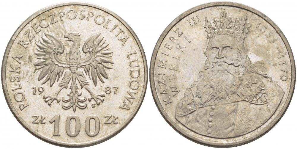 Польша 100 злотых 1987 MW, серия Польские короли, король Казимир III Великий (1333-1370) KM 167 медно-никель 4517-846