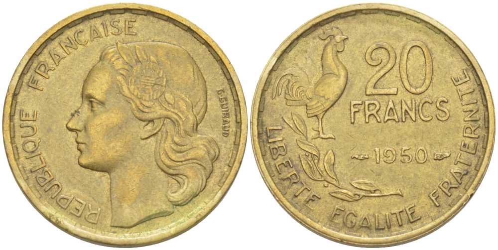 ФРАНЦИЯ 20 ФРАНКОВ 1950 4 ПЕРА KM 916.2, LE FRANC 402.3 алюминиевая бронза 175-637