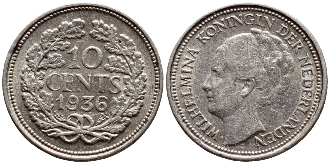 Нидерланды 10 центов 1936 Вильгельмина I (1890-1948) КМ 163 серебро 633-833