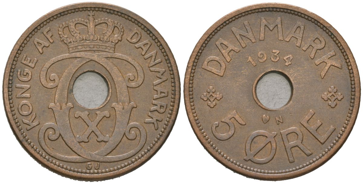 Дания 5 эре 1934 Кристиан X (1912-1947) KM 828 бронза 4589-957