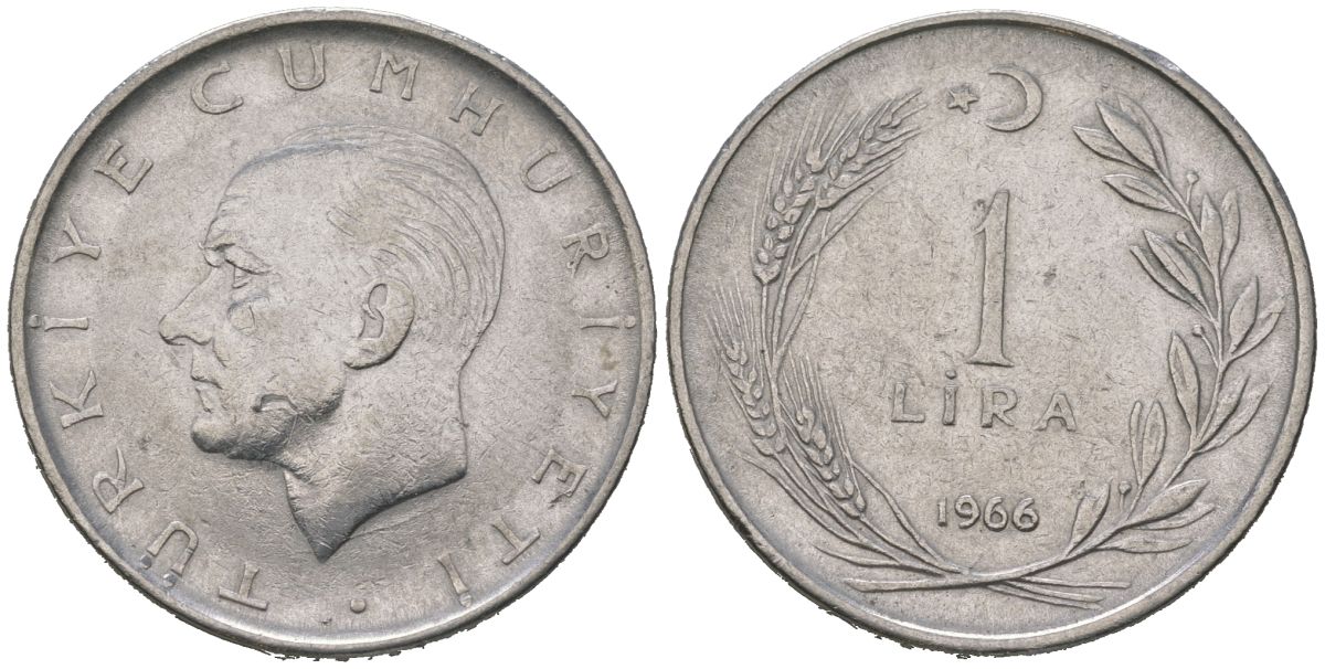 Турция 1 лира 1966 Мустафа Кемаль Ататюрк KM 889a.1 нержавеющая сталь 4620-457