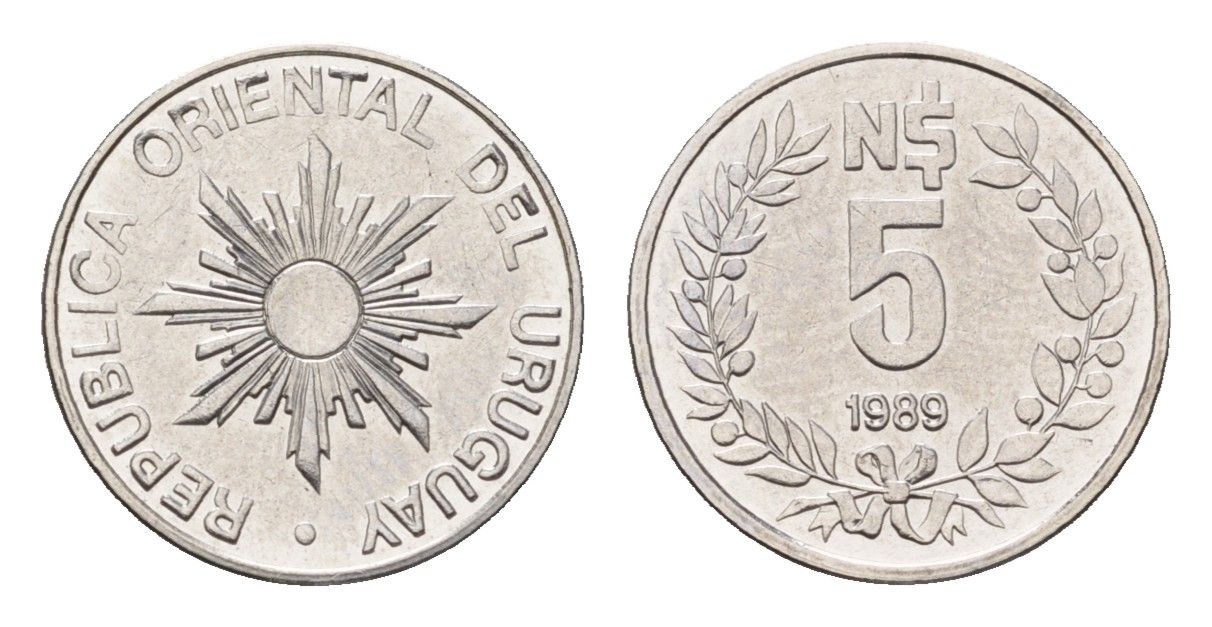 Уругвай 5 новых песо 1989 KM 92 нержавеющая сталь UNC 4684-1248