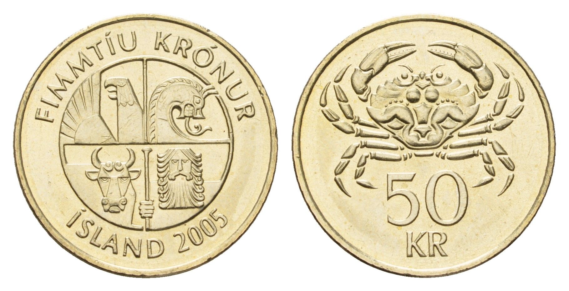 Исландия 50 крон 2005 краб KM 31 никель латунь UNC 4118-1023