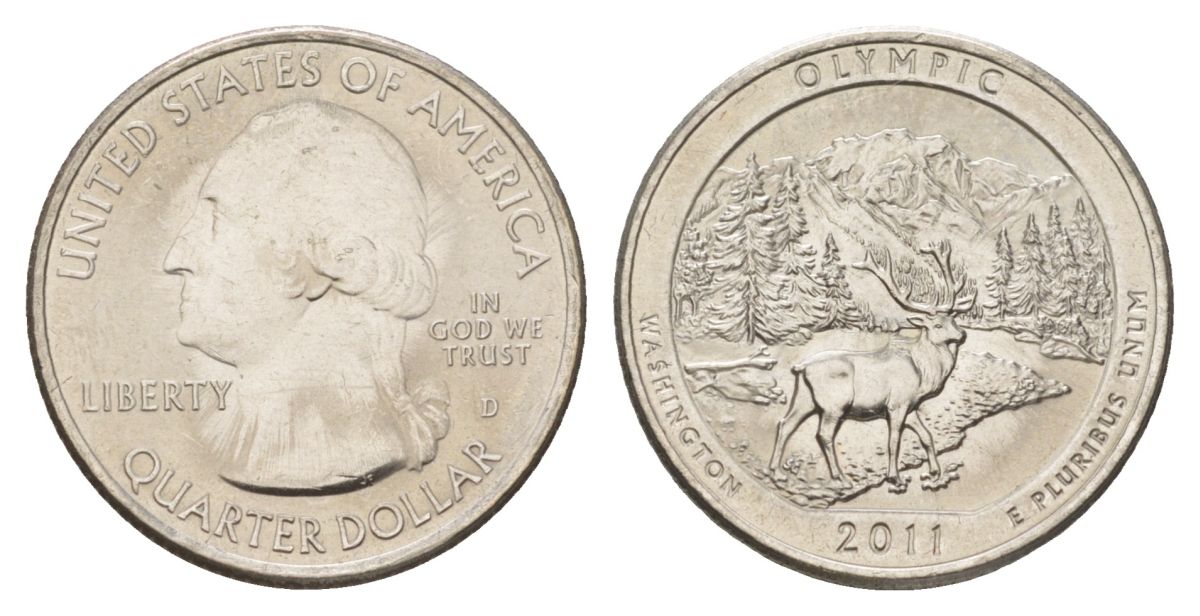 США 25 центов (квотер, 1/4 доллара) 2011 D, Квотеры «Парки США» - Национальный парк Олимпик KM 496 медь плакированный медно-никелем UNC 4629-217