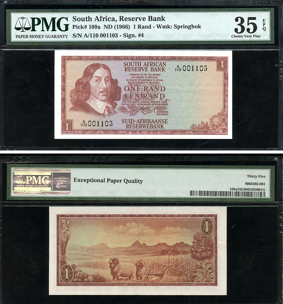 ЮАР 1 ранд ND (1966) Бартоломеус Вермуйден, овцы, английский-африкаанс, в слабе PMG 35 Choice Very Fine Pick 109 a бумага    452-1-15