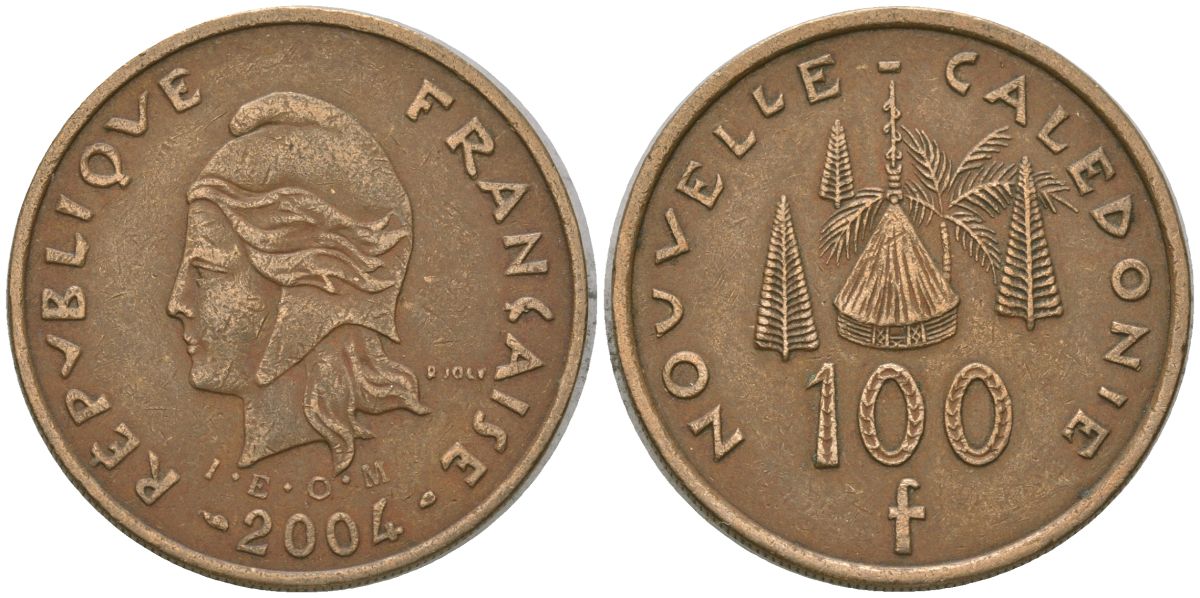 Французская Новая Каледония 100 франков 2004 хижина среди сосен и пальм, (IEOM) KM 15, Schoen 16, Lec 139h никель латунь 4149-442