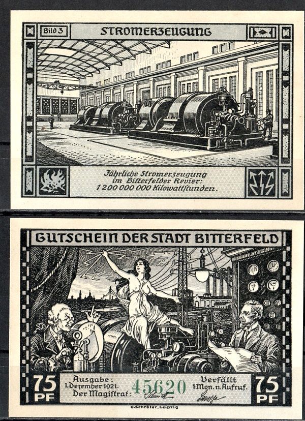 Биттерфельд (Пруссия, Саксония) 75 пфеннигов 1921 Mehl Grabowski 111.4-3/6 бумага UNC (пресс) 7556-50-4-1