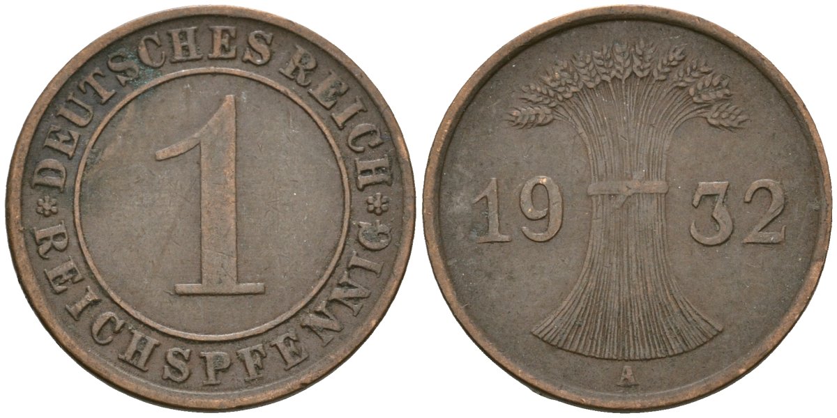 Германия 1 рейхспфенниг 1932 A KM 37, J. 313 бронза 4189-1142