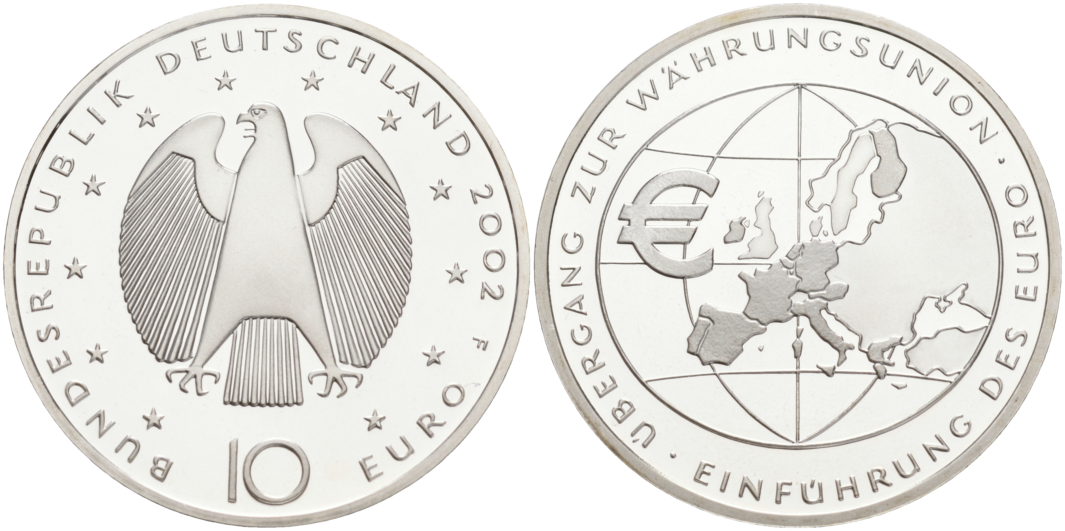 ФРГ 10 евро 2002 F, введение европейской валюты KM 215, DE.S. 10.1 серебро PROOF 02-251-11