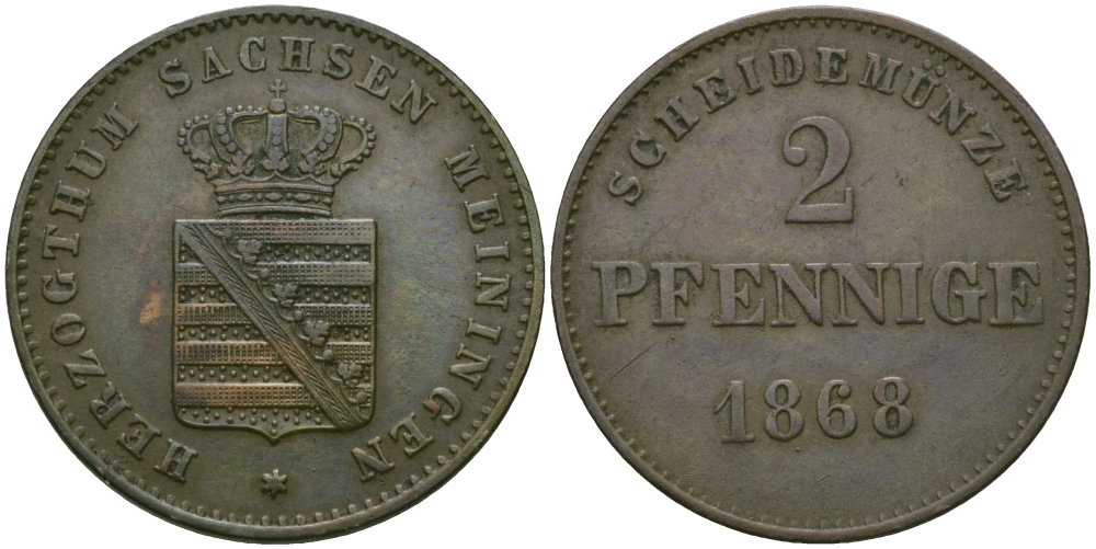 Саксен-Мейнинген 2 пфеннига 1868 Георг II (1866-1914) KM 174 медь 99-655