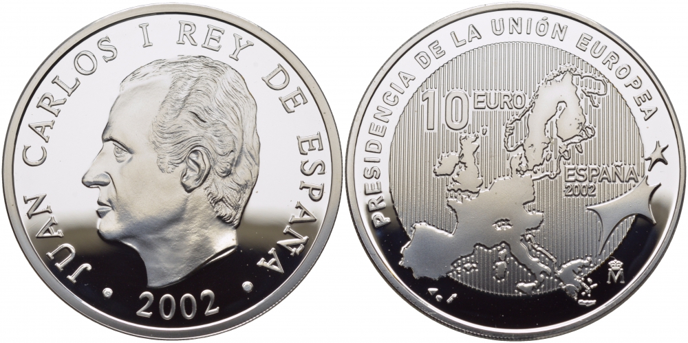 Испания 10 евро 2002 Председательство Испании в Евросоюзе, карта KM 1048 серебро PROOF 11-149-14