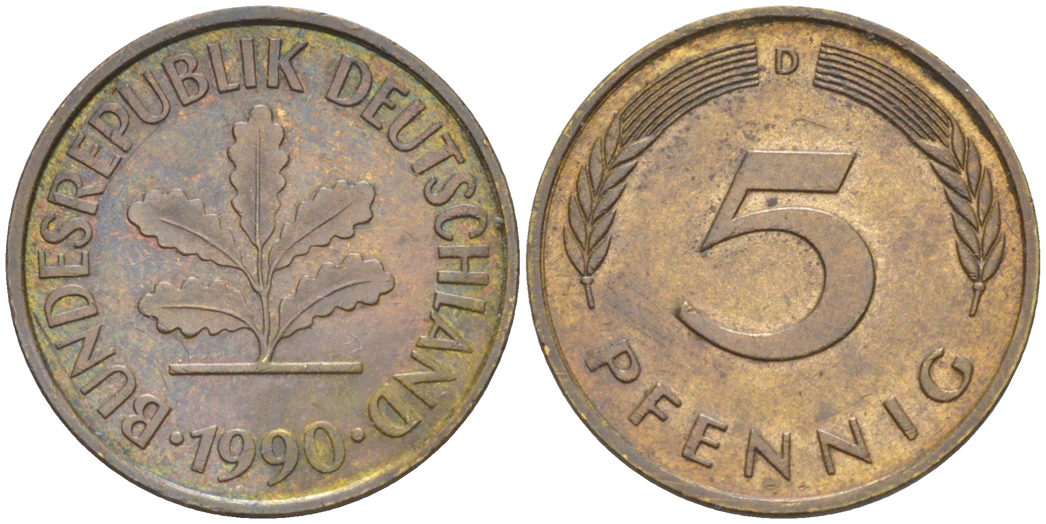 ФРГ 5 пфеннигов 1990 D KM 107, J. 382 сталь плакированная латунью 4514-1142