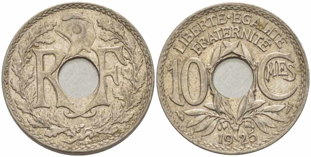 ФРАНЦИЯ 10 САНТИМОВ 1925 ТИП ЛИНДАЙЁ KM 866а, LE FRANC 138.12 медно-никель 108-152