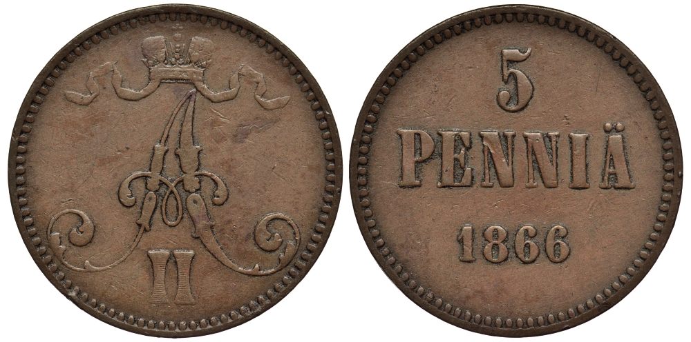 Россия для Финляндии 5 пенни 1866 Александр II Биткин 658, KM 4.1 медь 1531-114