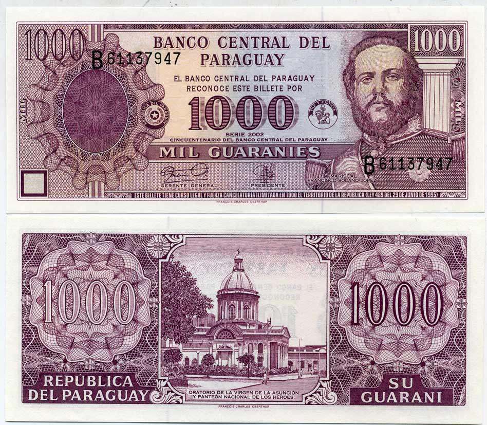 ПАРАГВАЙ 1000 ГУАРАНИ 2002 50 ЛЕТ ЦЕНТРАЛЬНОМУ БАНКУ ПАРАГВАЯ, ФРАНСИСКО СОЛАНО ЛОПЕС Pick 221 бумага UNC (ПРЕСС) 6352-3-4-1