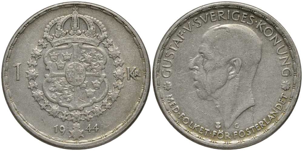 Швеция 1 крона 1944 G, Густав V (1907-1950) KM 814 серебро 202-534