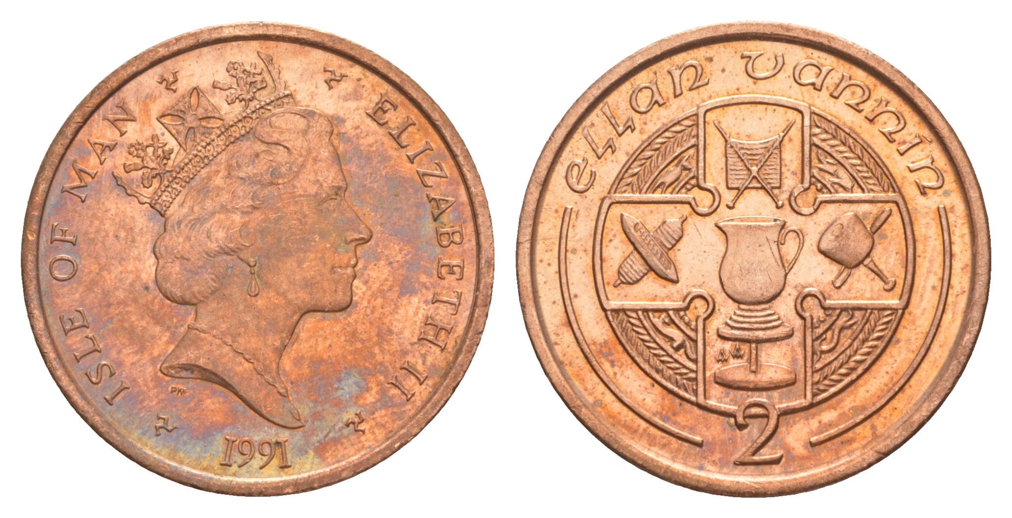 Остров Мэн 2 пенса 1991 Елизавета II (1952-2022) KM 208 бронза UNC 4648-213