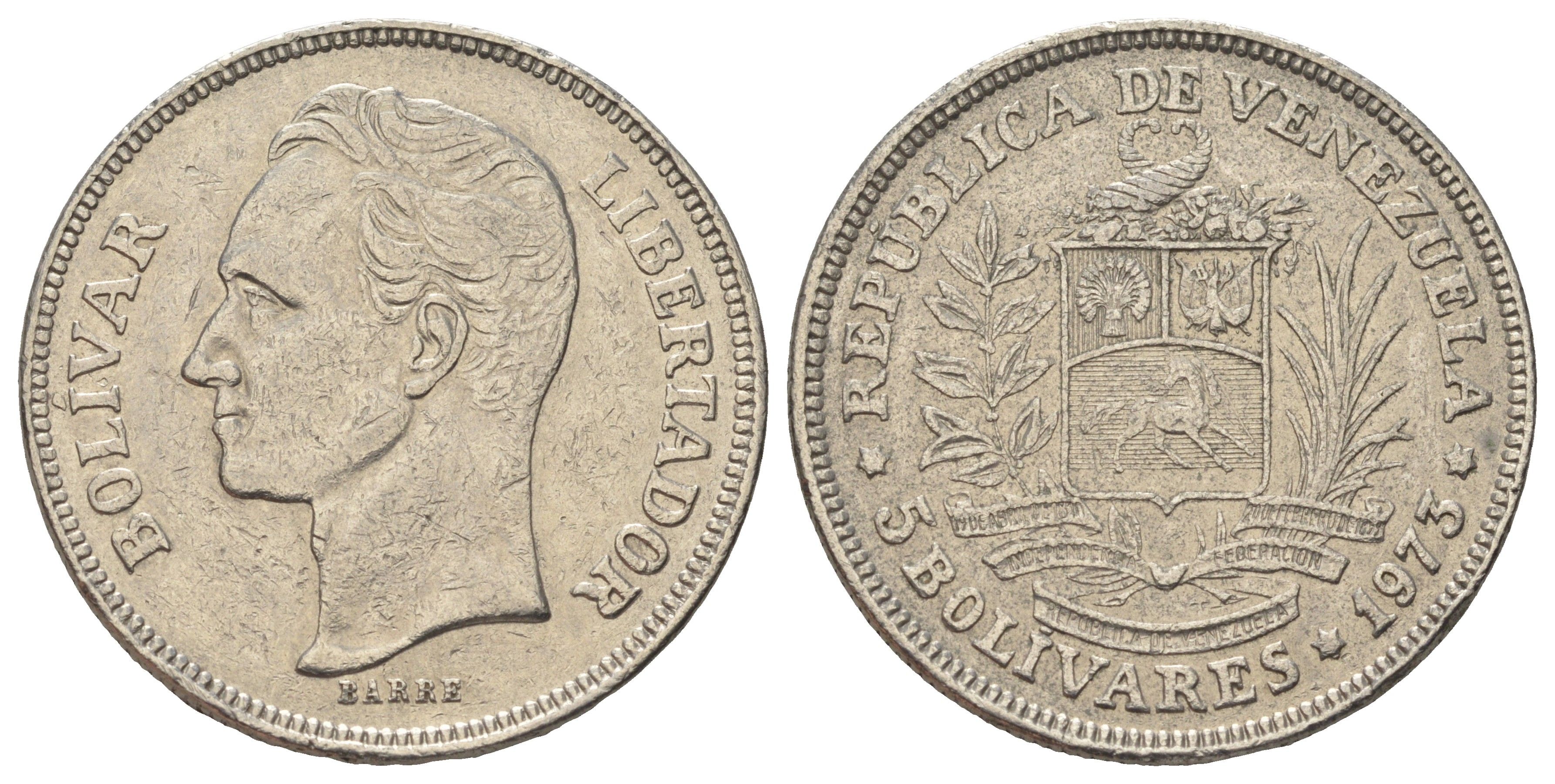 Венесуэла 5 боливаров 1973 Симон Боливар Y 44 никель 4183-1133