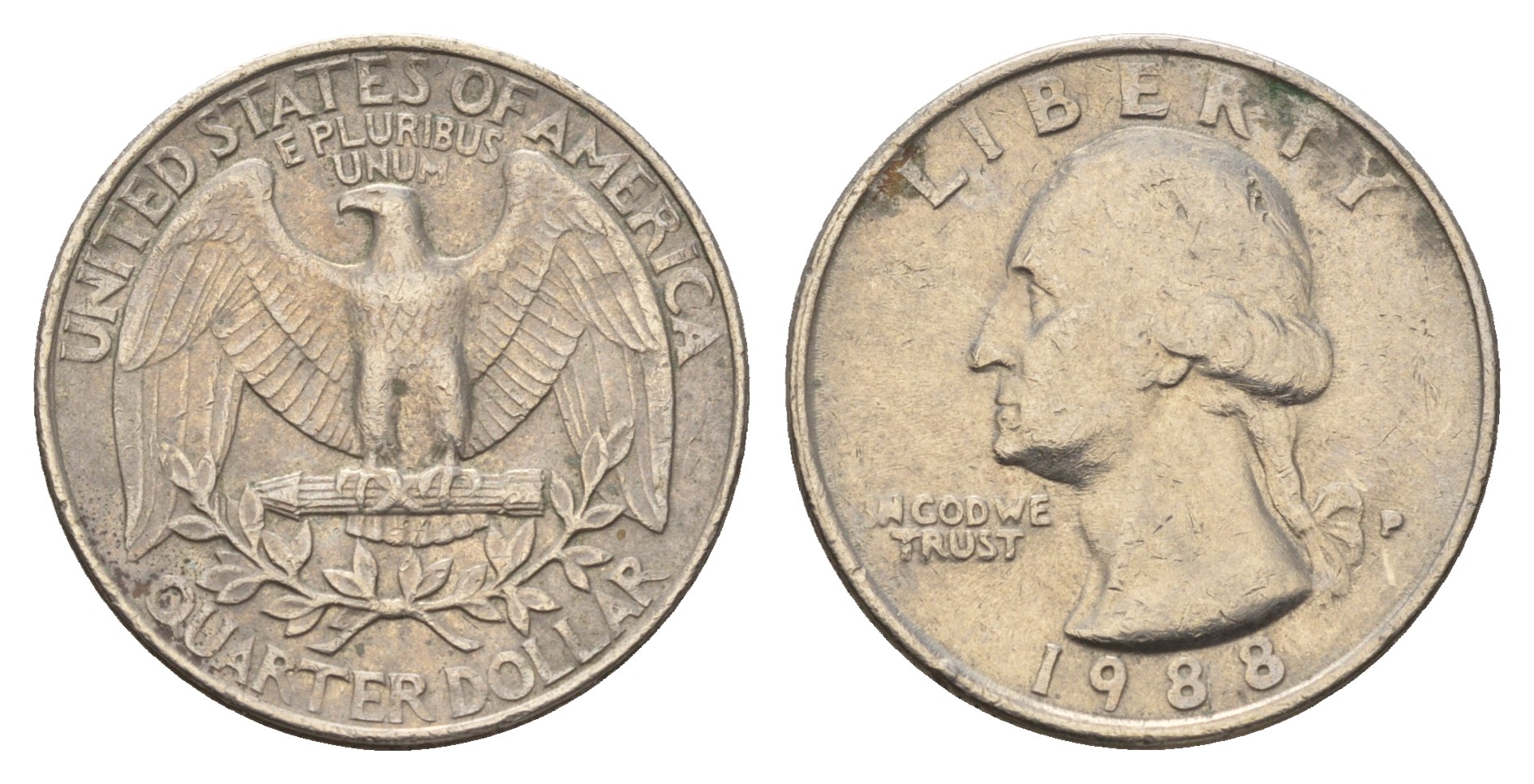 США 25 центов (квотер) 1988 P, Джордж Вашингтон KM А164а медь плакированная медно-никелем 4681-321