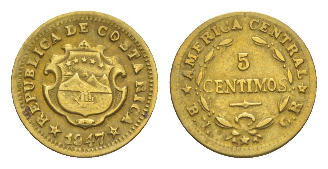 Коста-Рика 5 сентимо 1947 KM 179 латунь 1522-545