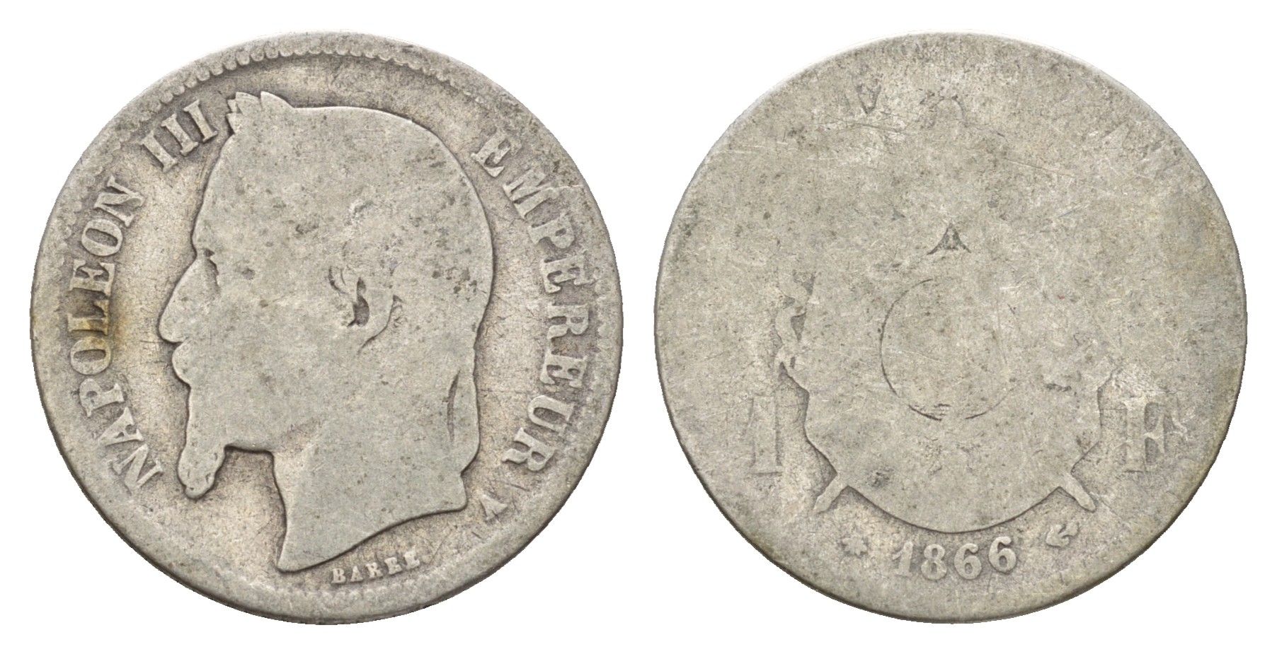 Франция 1 франк 1866 A, Наполеон III (1852-1870) KM 806 серебро 94-1235