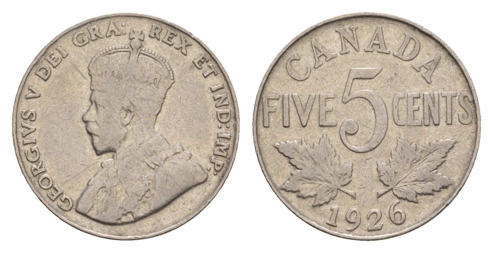 Канада 5 центов 1926 Георг V (1910-1936), редкий год - 938.162 экземпляров KM 29 никель 4655-443