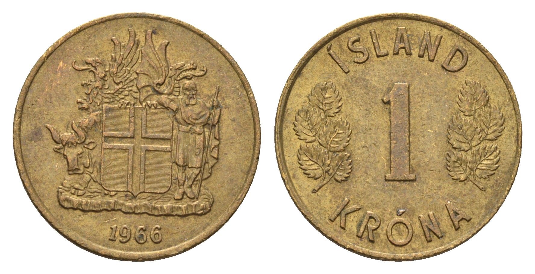 Исландия 1 крона 1966 KM 12a никель латунь aUNC 4691-442
