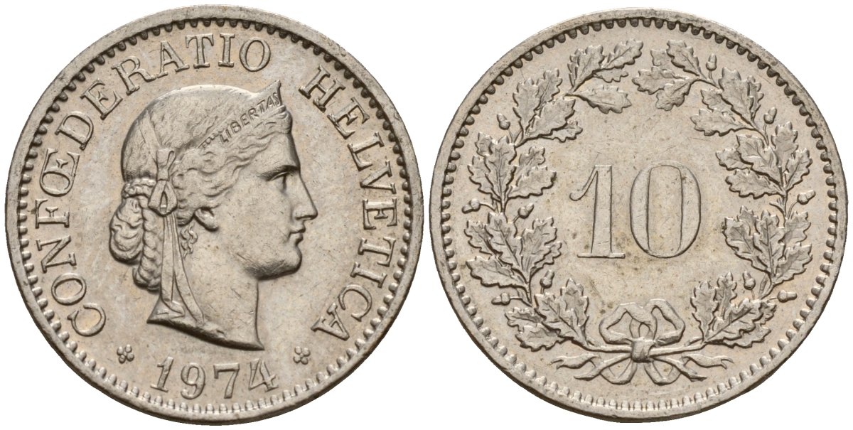 Швейцария 10 раппенов 1974 KM 27 медно-никель 4152-1067