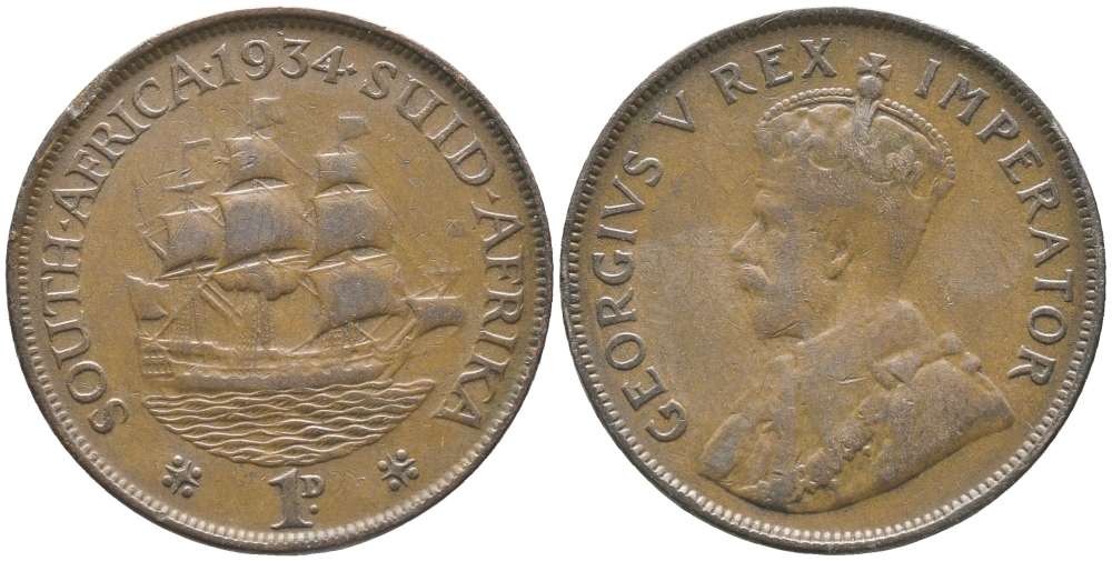 ЮАР 1 ПЕННИ 1934 ПАРУСНИК, ГЕОРГ V KM 14.3 бронза 4380-612