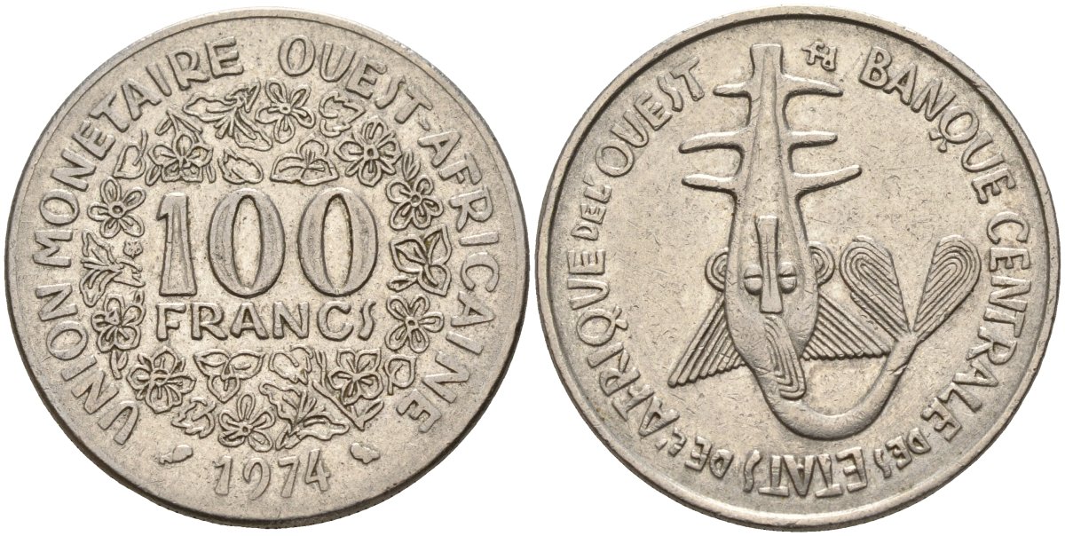 Валютное сообщество стран Западной Африки 100 франков 1974 KM 4 никель 4150-1034