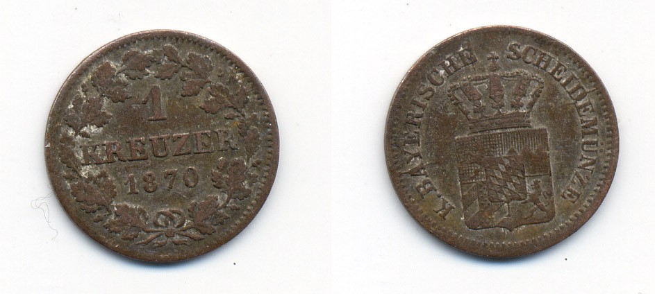 Бавария 1 крейцер 1870 Людвиг II (1864-1886) KM 487 серебро 71-1522