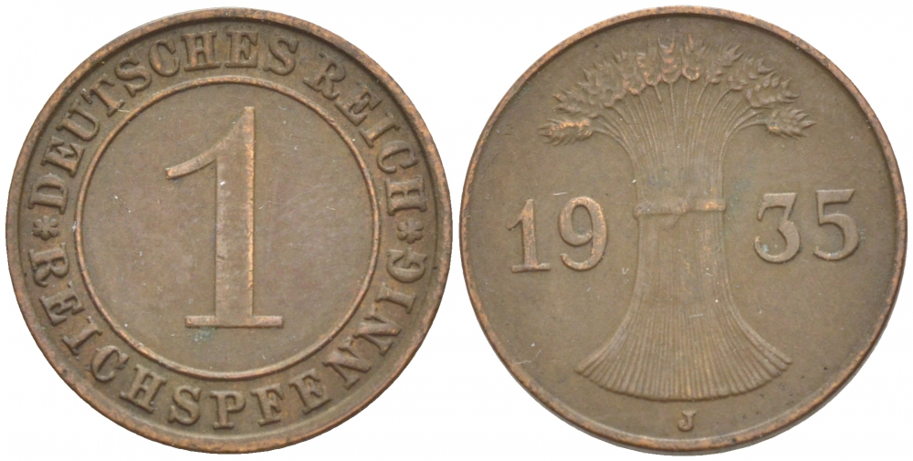 ГЕРМАНИЯ 1 РЕЙХСПФЕННИГ 1935 E KM 37, J 313 бронза 4532-531