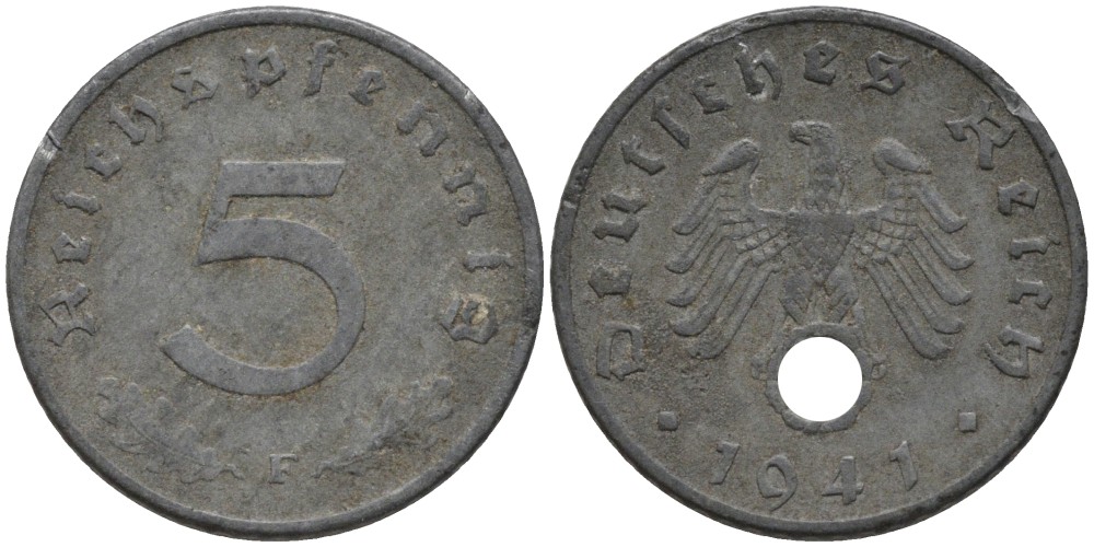 Германия 5 рейхспфеннигов 1941 F, монетный двор Штутгарт KM 100, J. 370 цинк 186-745