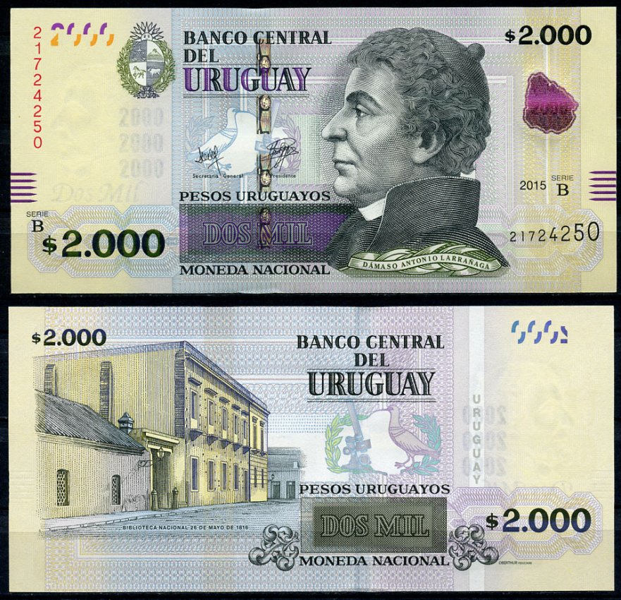 Уругвай 2000 песо 2015 Дамасо Антонио Ларраньяга, библиотека Pick 99 бумага UNC (пресс) 451-474-3